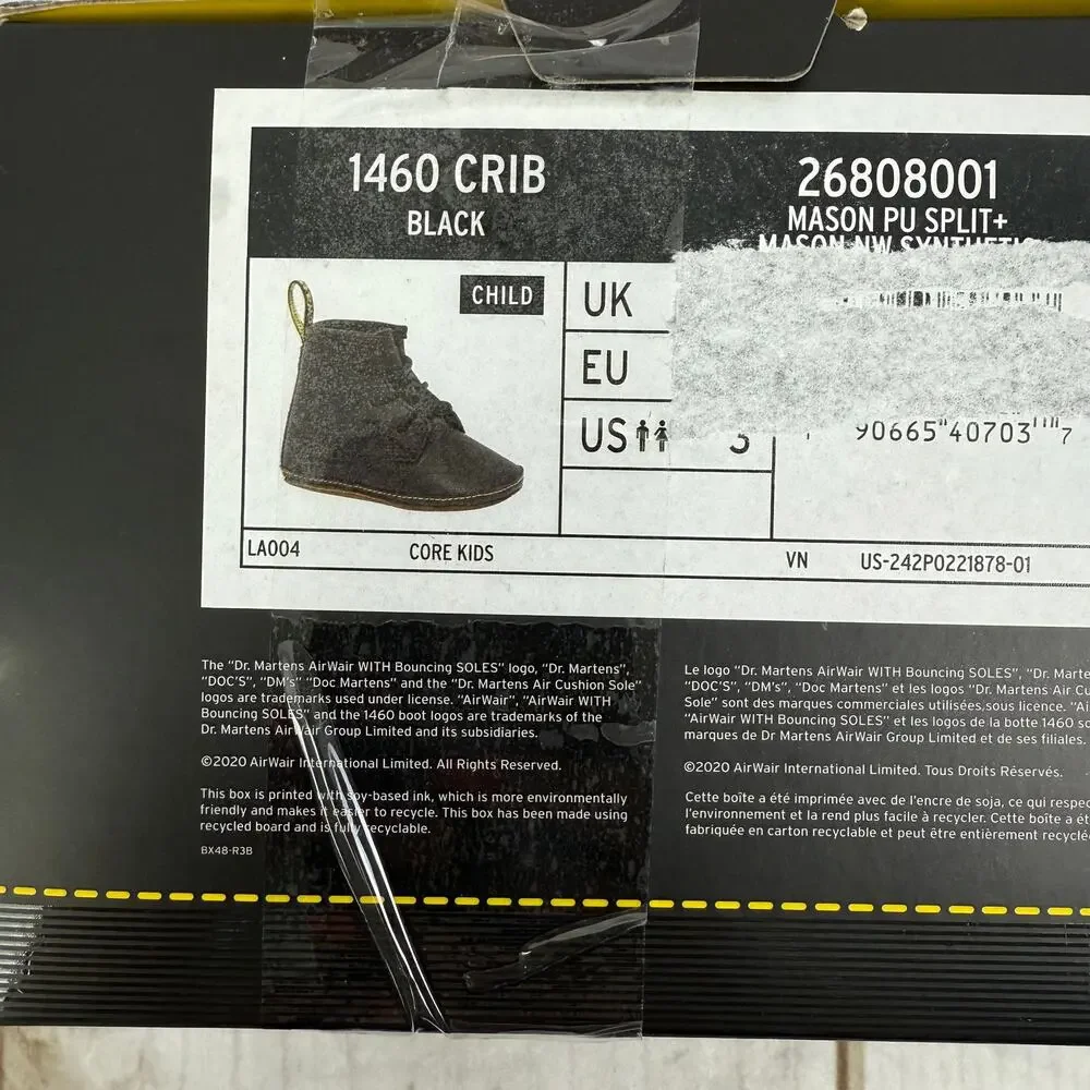 Dr‎ Martens 1460 Crib Black Leather Baby Boots Shoes Mini Size 3C